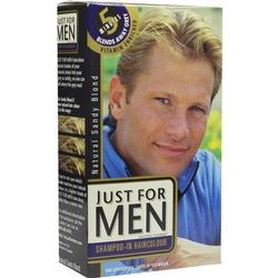 Verpackung eines Haarfärbemittels "Just For Men" mit blondem Mann auf der Vorderseite.
