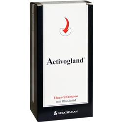 Schwarze Shampoo-Verpackung mit der Aufschrift "Activogland Haar-Shampoo mit Rhodanid".