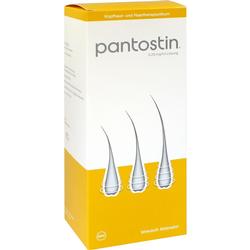 Eine gelbe und weiße Packung mit der Aufschrift "Pantostin" für Kopfhaut und Haare.