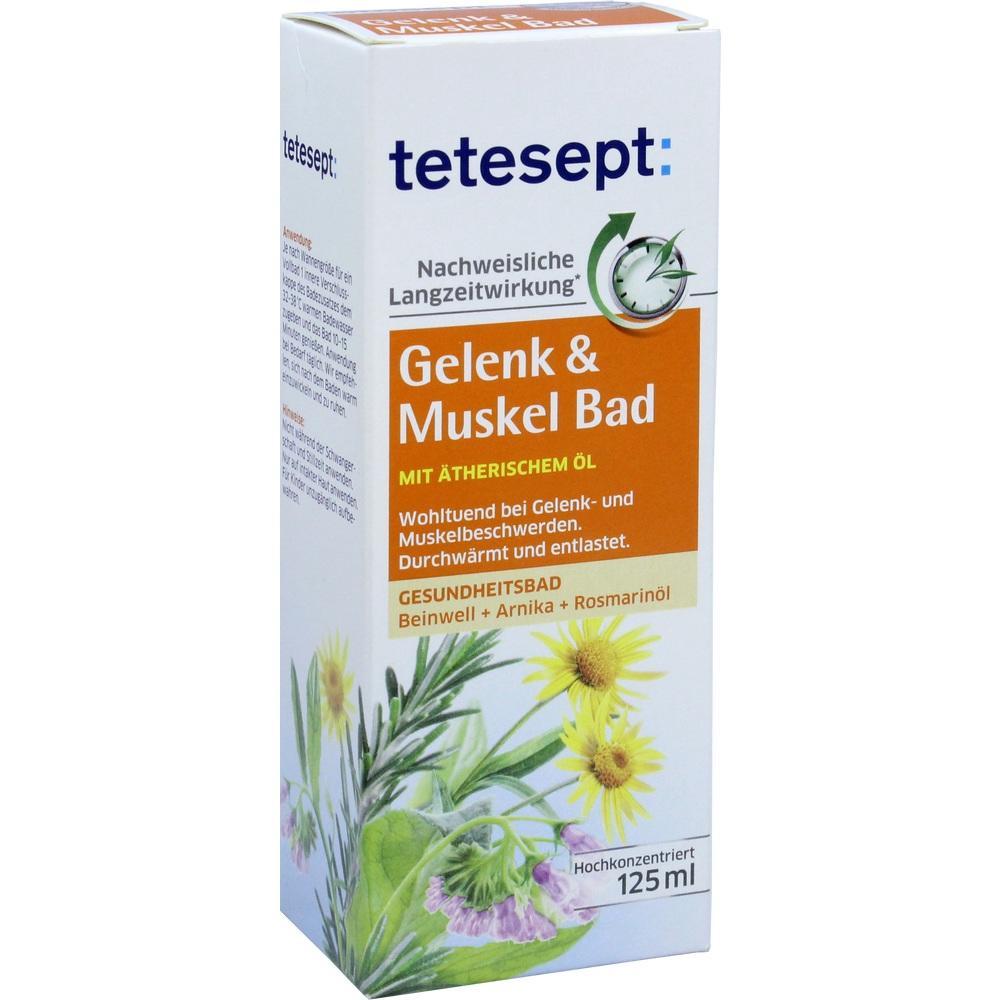 Eine Flasche Gelenk- und Muskelbad von tetesept mit Kräuterabbildungen.