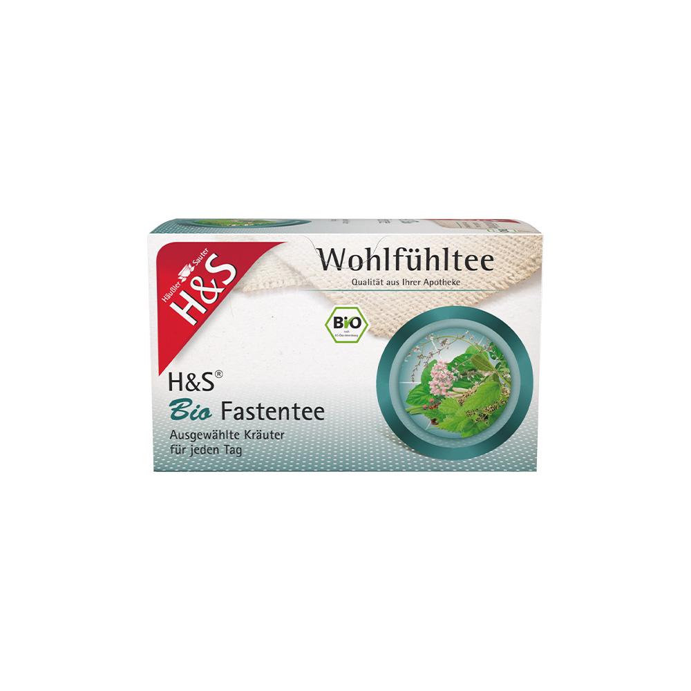 Packung von Bio-Fastentee mit verschiedenen Kräutern abgebildet.